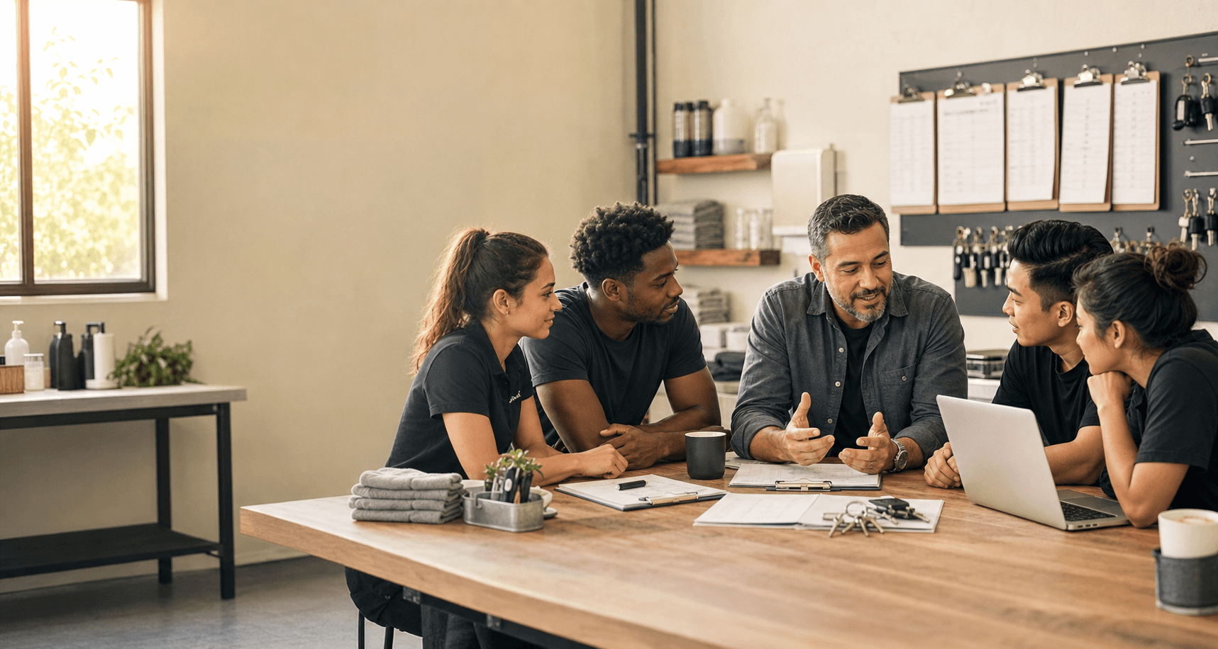 Business mentor meeting with young entrepreneurs around a planning table